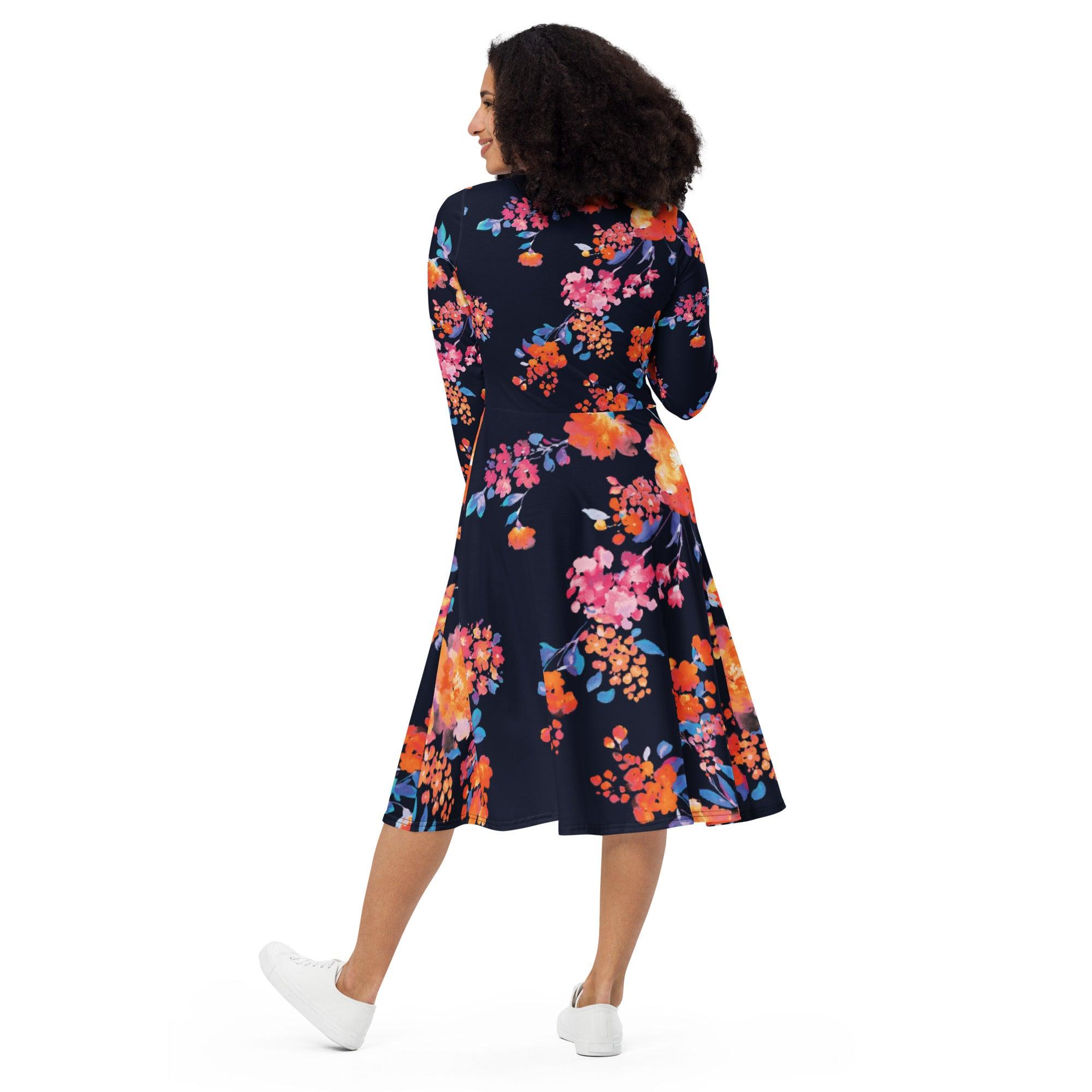 Dark Daisy Long Sleeve Midi Dress - L & M Kee, LLC