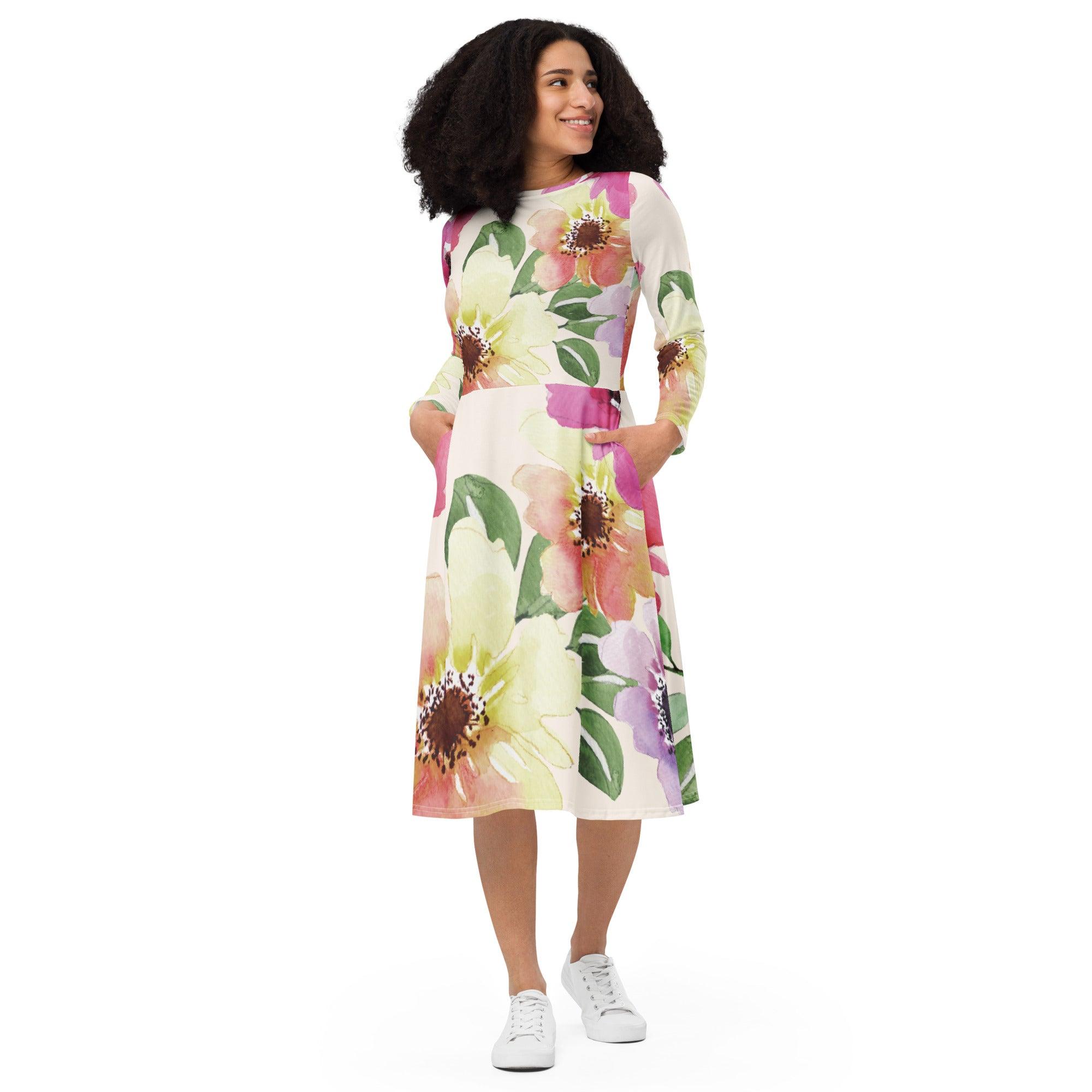 Floral Long Sleeve Midi Dress - L & M Kee, LLC