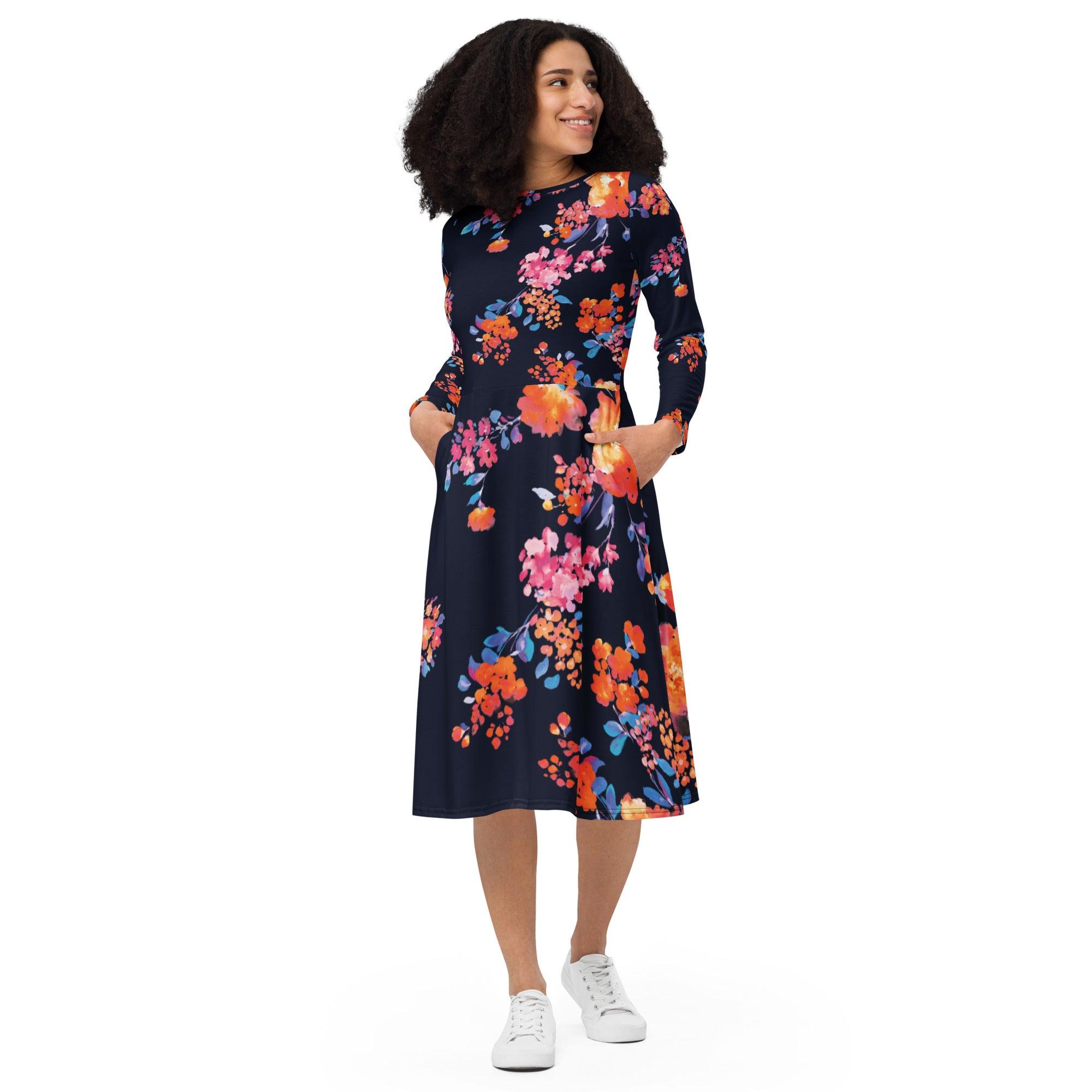 Dark Daisy Long Sleeve Midi Dress - L & M Kee, LLC