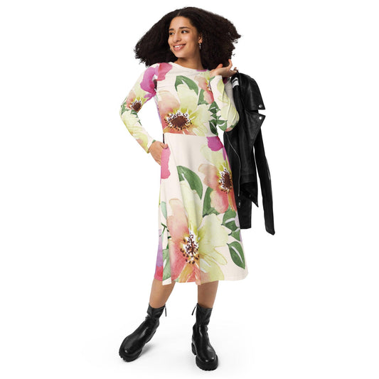 Floral Long Sleeve Midi Dress - L & M Kee, LLC