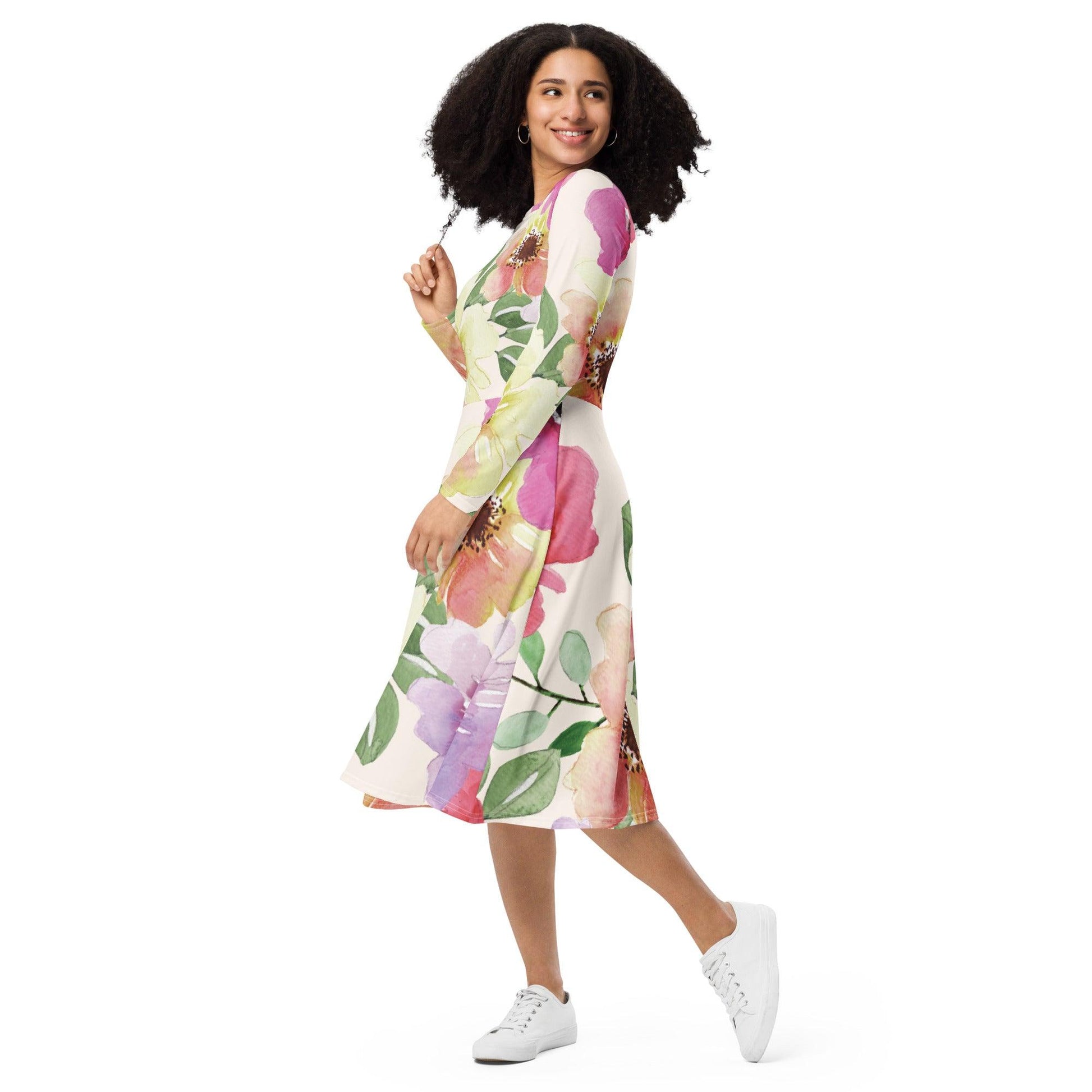 Floral Long Sleeve Midi Dress - L & M Kee, LLC