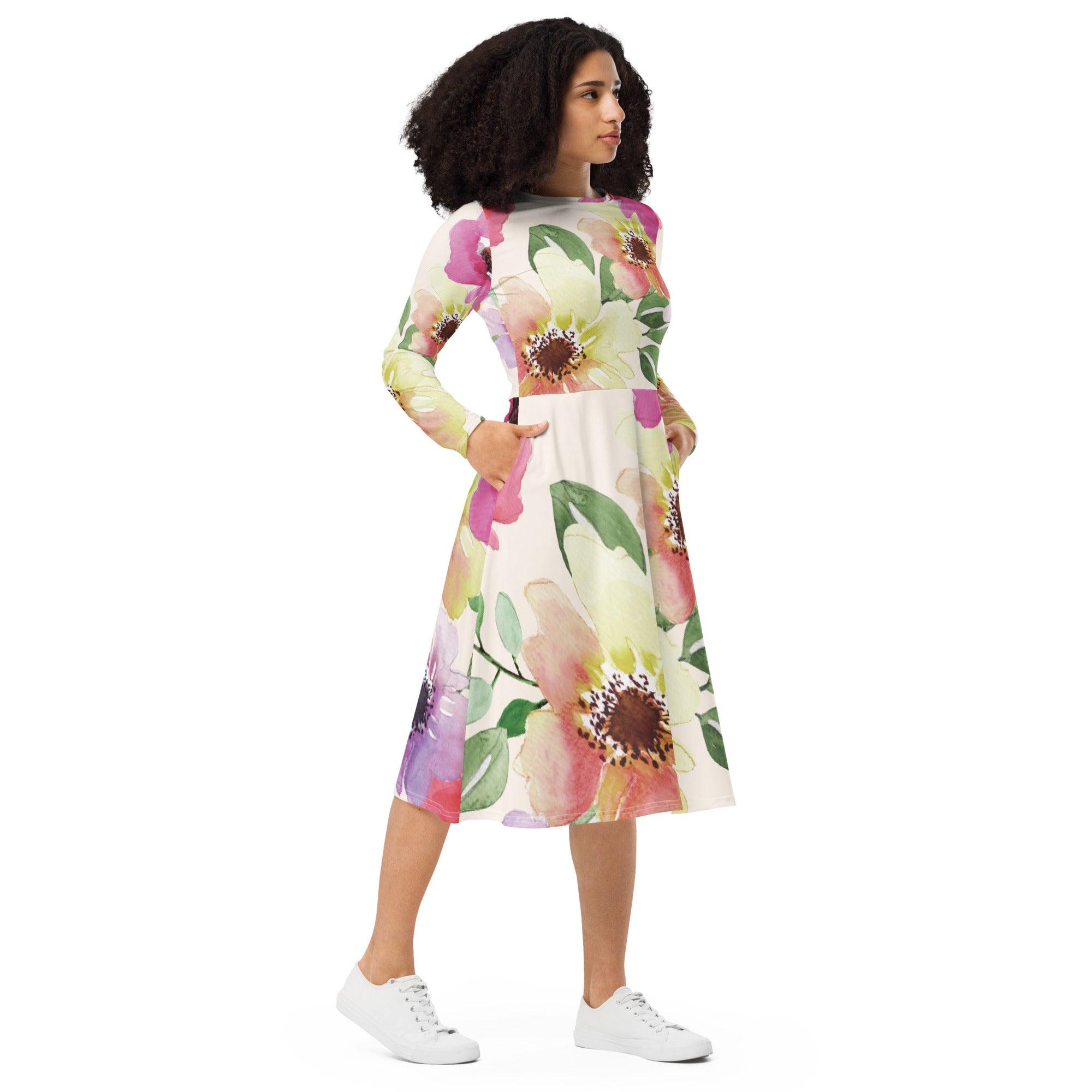 Floral Long Sleeve Midi Dress - L & M Kee, LLC