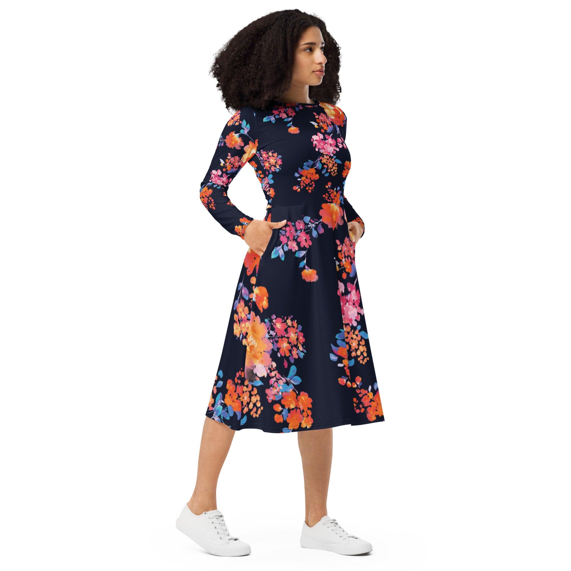 Dark Daisy Long Sleeve Midi Dress - L & M Kee, LLC