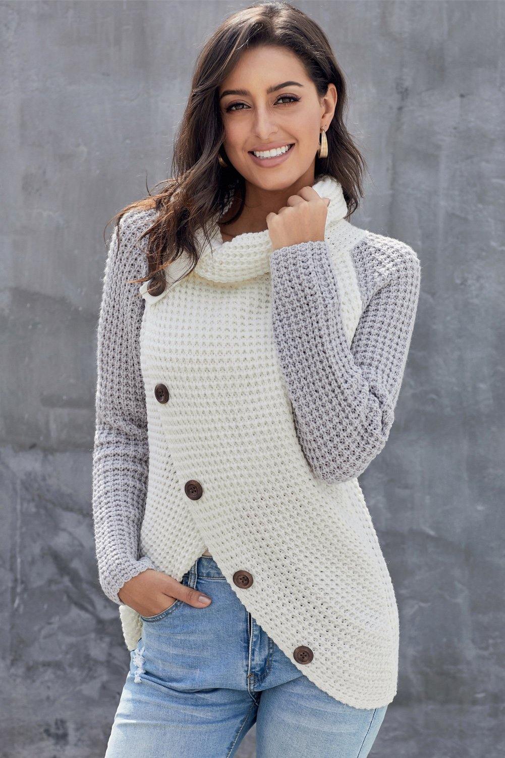 Button Turtle Cowl Neck Asymmetric Hem Wrap Pullover Sweater - L & M Kee, LLC
