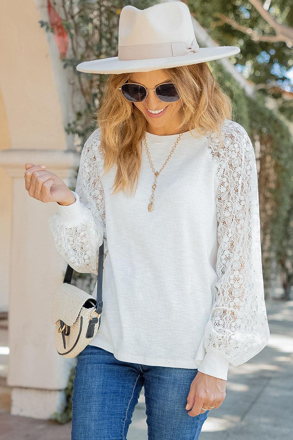 Lace Sleeve Raglan Ribbed Top - L & M Kee, LLC