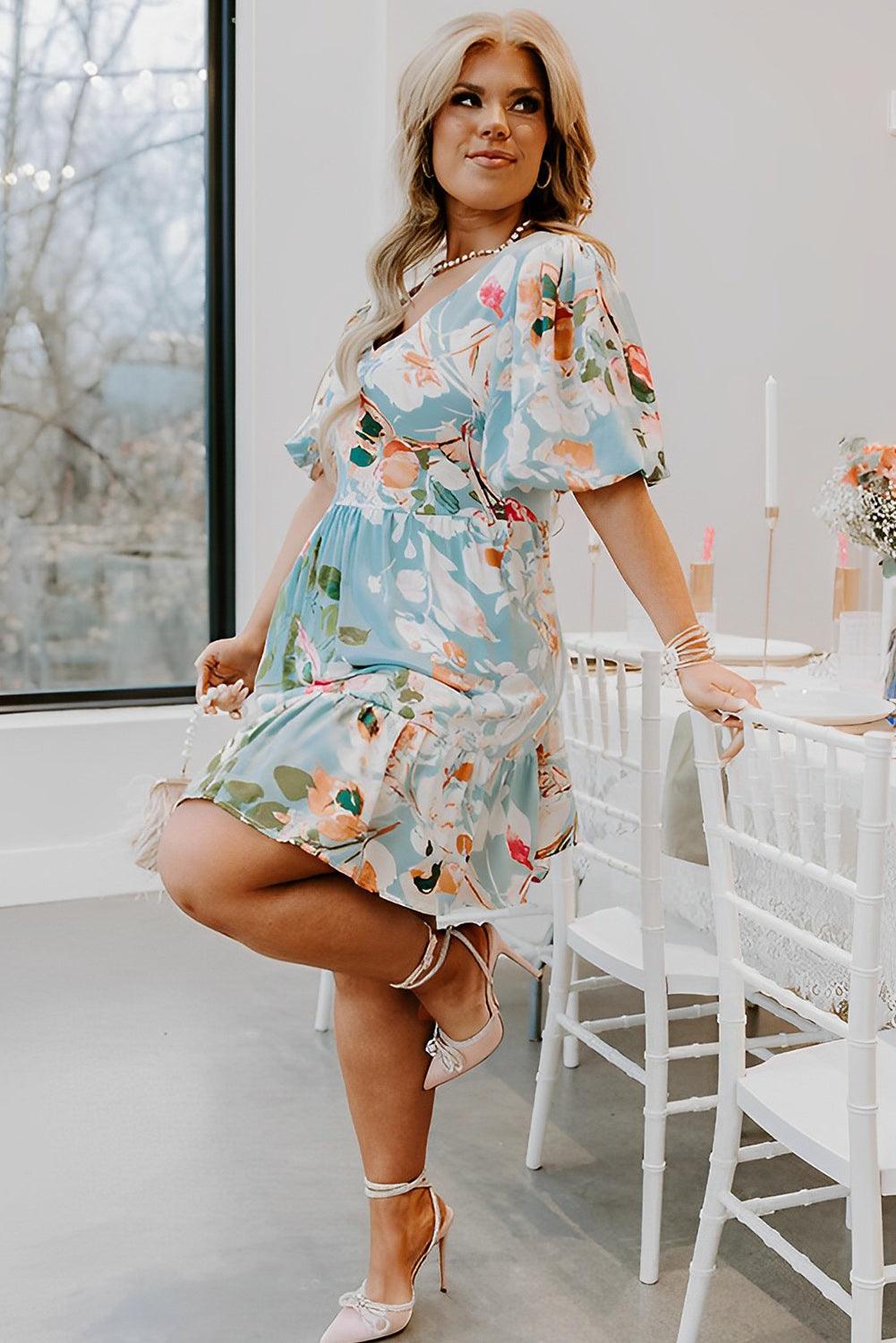 Floral Print Ruffled Puff Sleeve Plus Size Mini Dress - L & M Kee, LLC