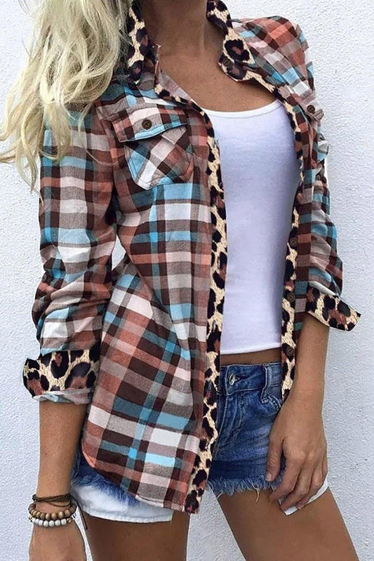 Multicolor Plaid Print Leopard Trim Shirt Jacket - L & M Kee, LLC