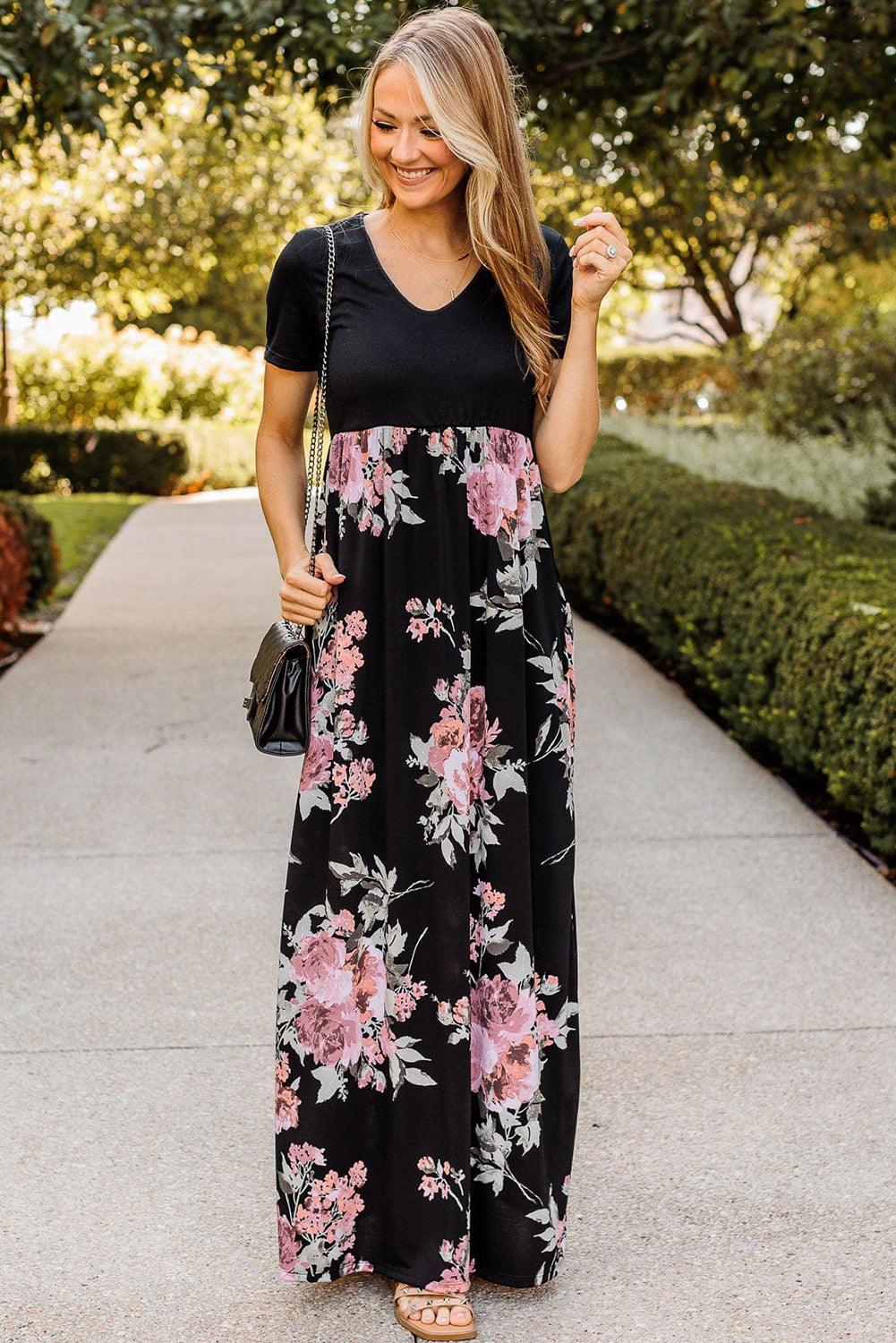 Contrast Floral Empire Waist Maxi Dress - L & M Kee, LLC