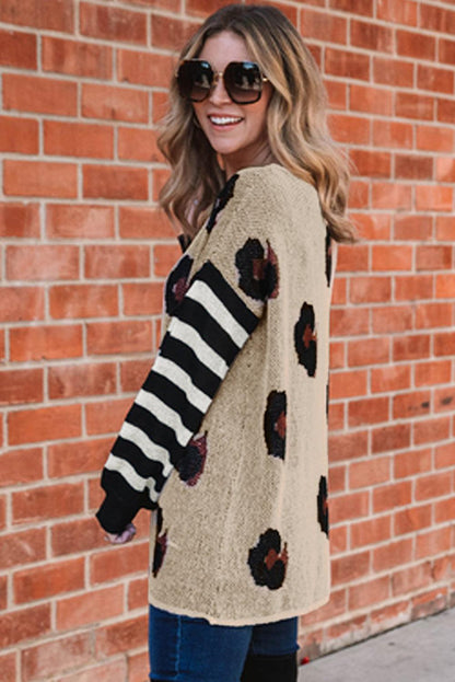Striped Sleeves Patchwork Leopard Sweater - L & M Kee, LLC