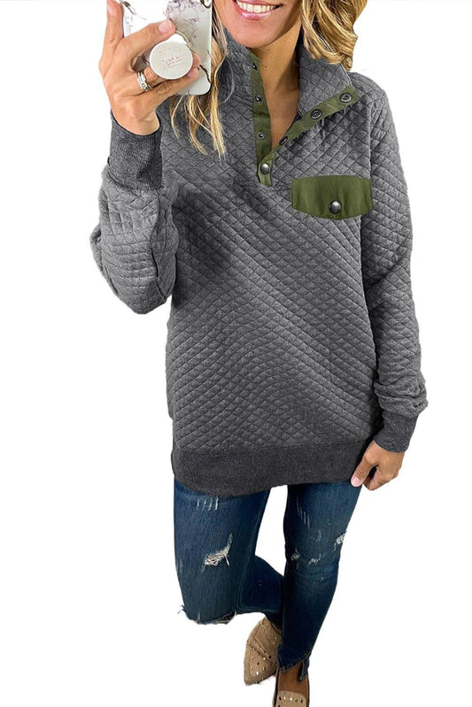 Dark Gray Quilted Snaps Stand Neck Sweatshirt with Fake Front Pocket - L & M Kee, LLC