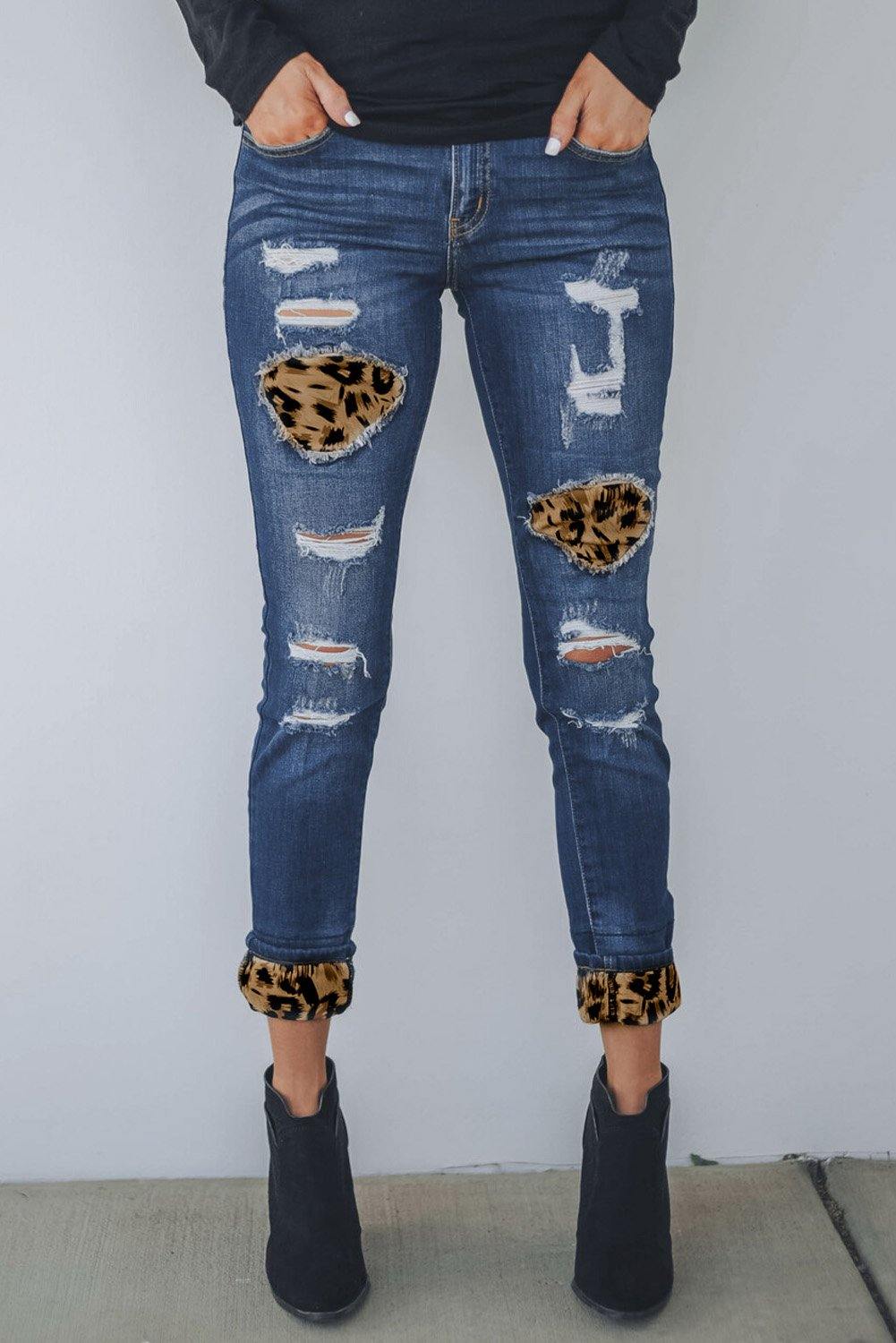 Mid Rise Leopard Patch Distressed Ankle Skinny Jeans - L & M Kee, LLC