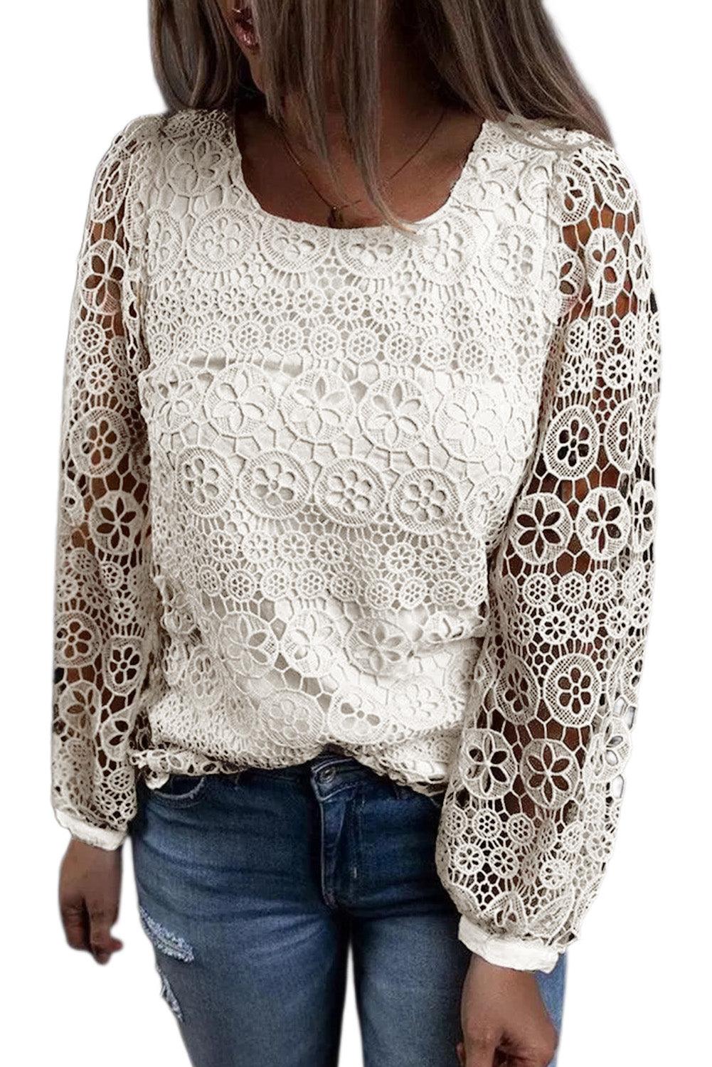 Beige Lace Contrast Hollow-out Long Sleeve Blouse - L & M Kee, LLC
