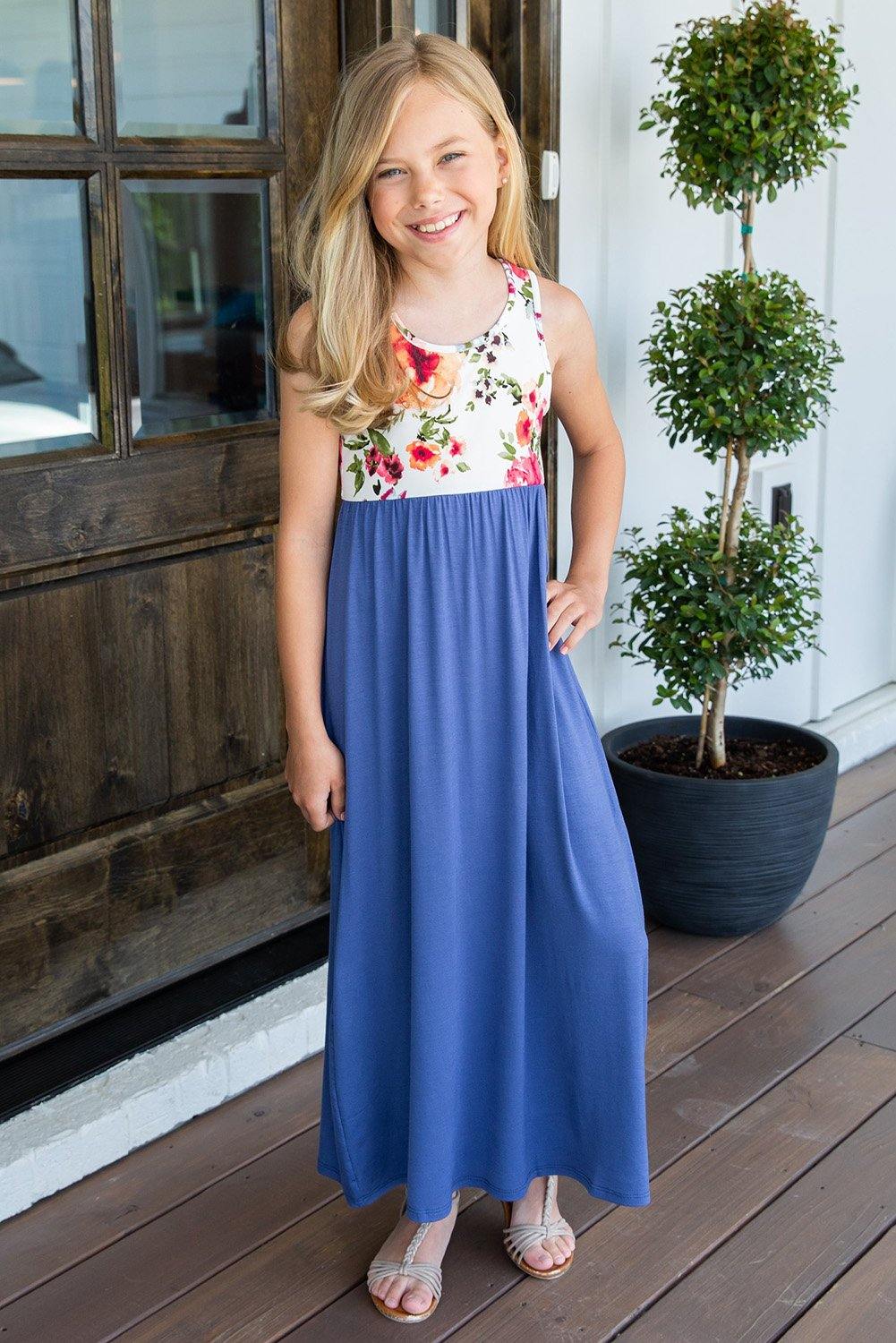 Crewneck Sleeveless Floral Patchwork Kids Maxi Dress - L & M Kee, LLC