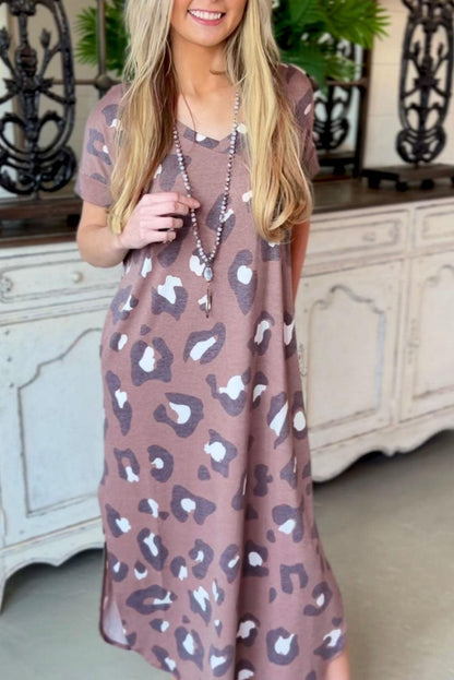 Print V Neck Long T-shirt Dress - L & M Kee, LLC