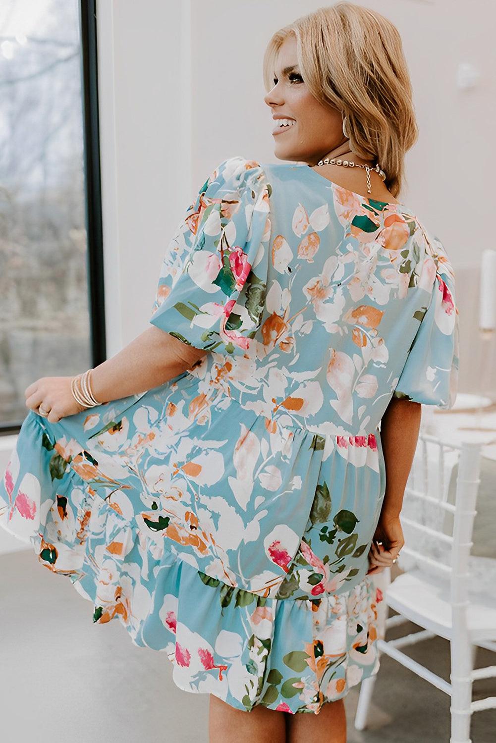 Floral Print Ruffled Puff Sleeve Plus Size Mini Dress - L & M Kee, LLC