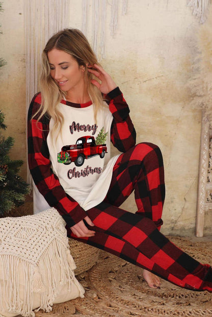 Christmas Pattern Plaid Color Block Two Piece Lounge Set - L & M Kee, LLC