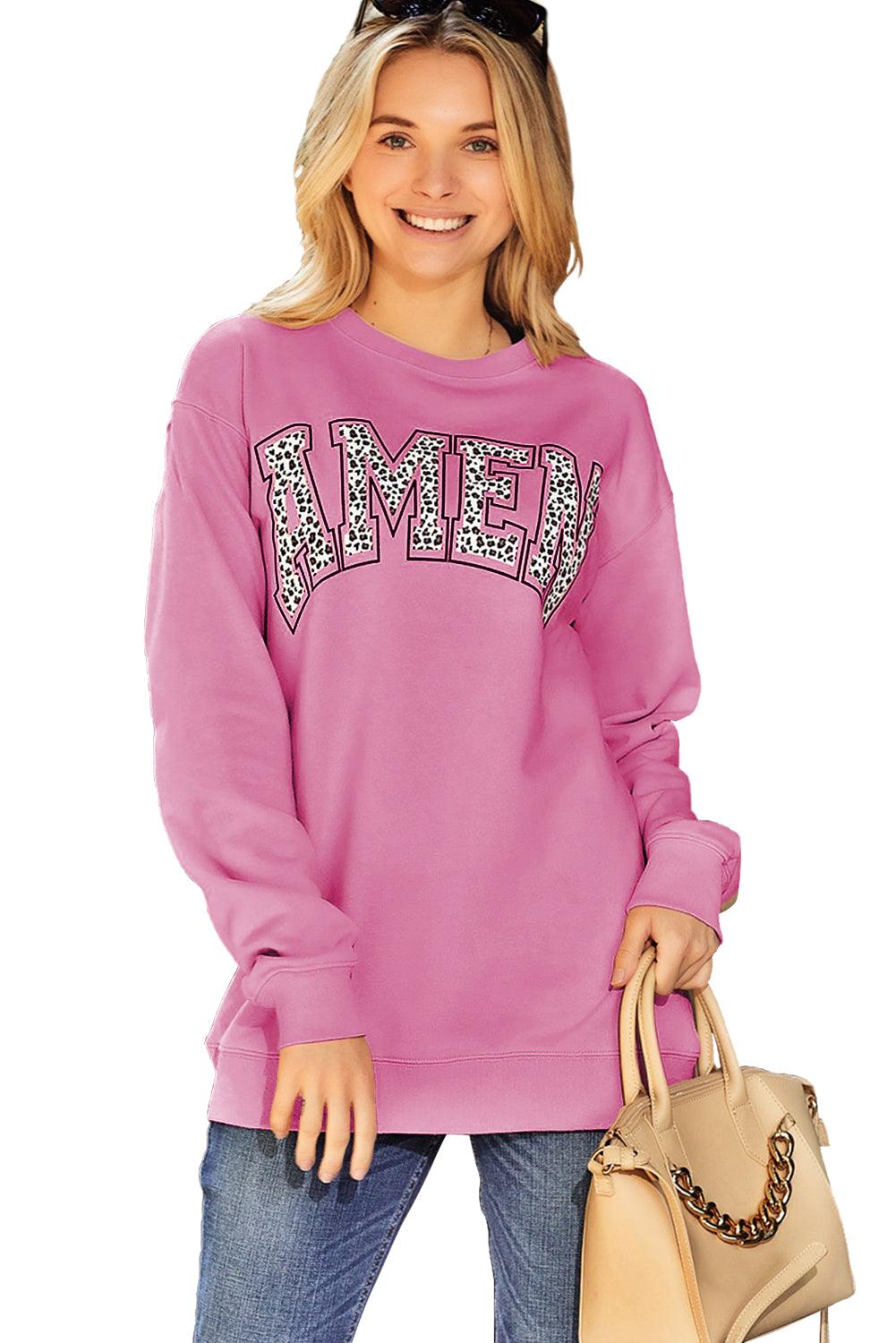 Khaki AMEN Leopard Letter Print Oversized Pullover Sweatshirt - L & M Kee, LLC