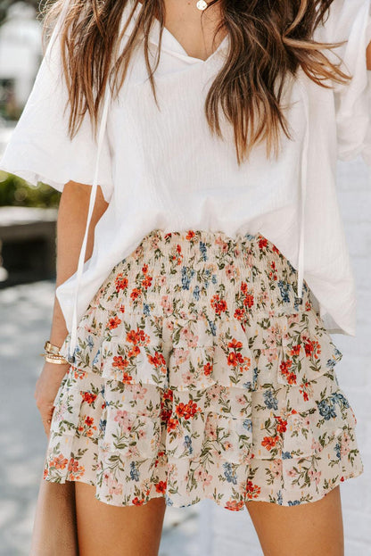 Beige Smocked High Waist Ruffle Tiered Floral Skirt - L & M Kee, LLC