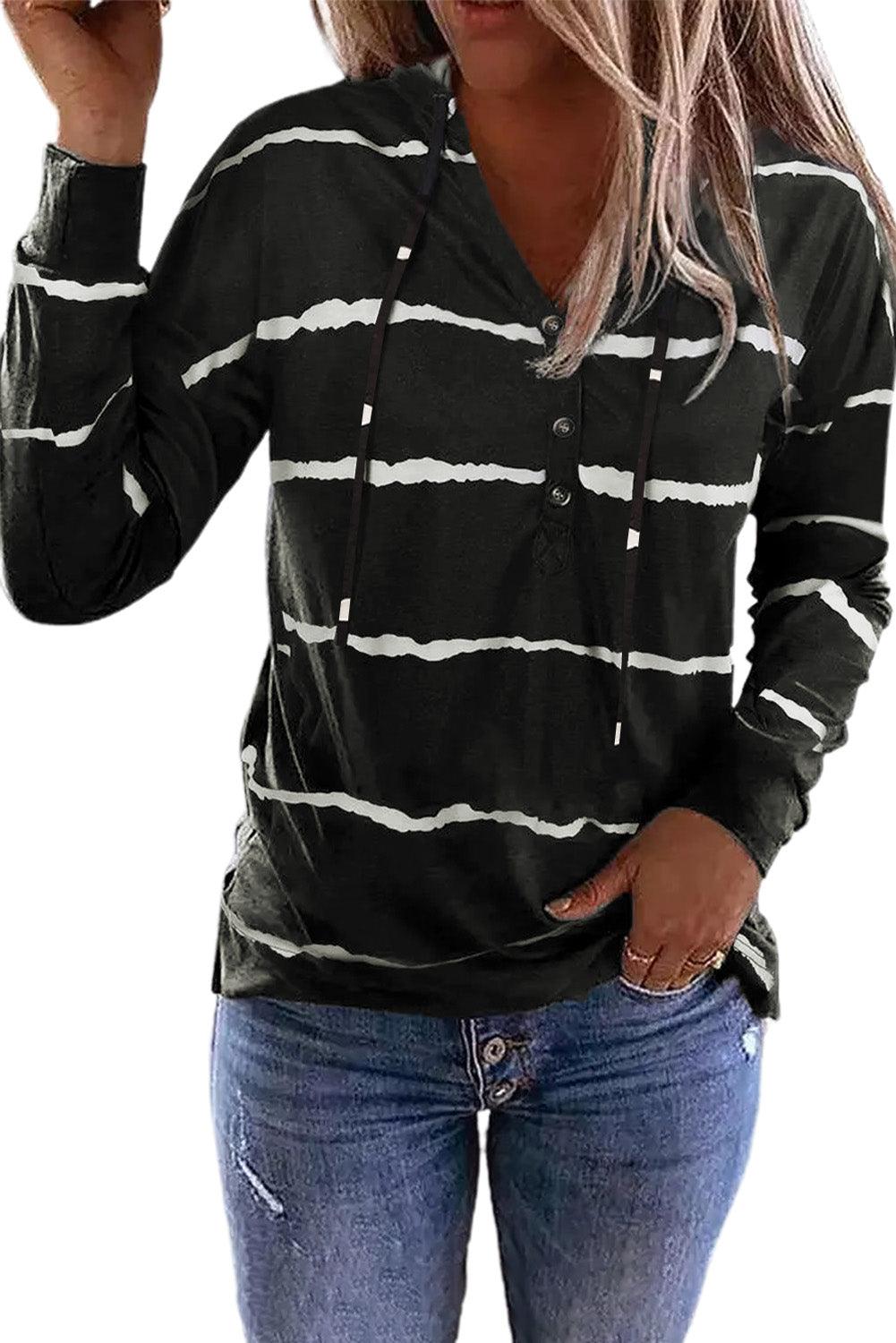 Striped Drawstring Button Long Sleeve Hoodie - L & M Kee, LLC