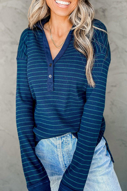 Striped Ribbed Knit Polo Top - L & M Kee, LLC