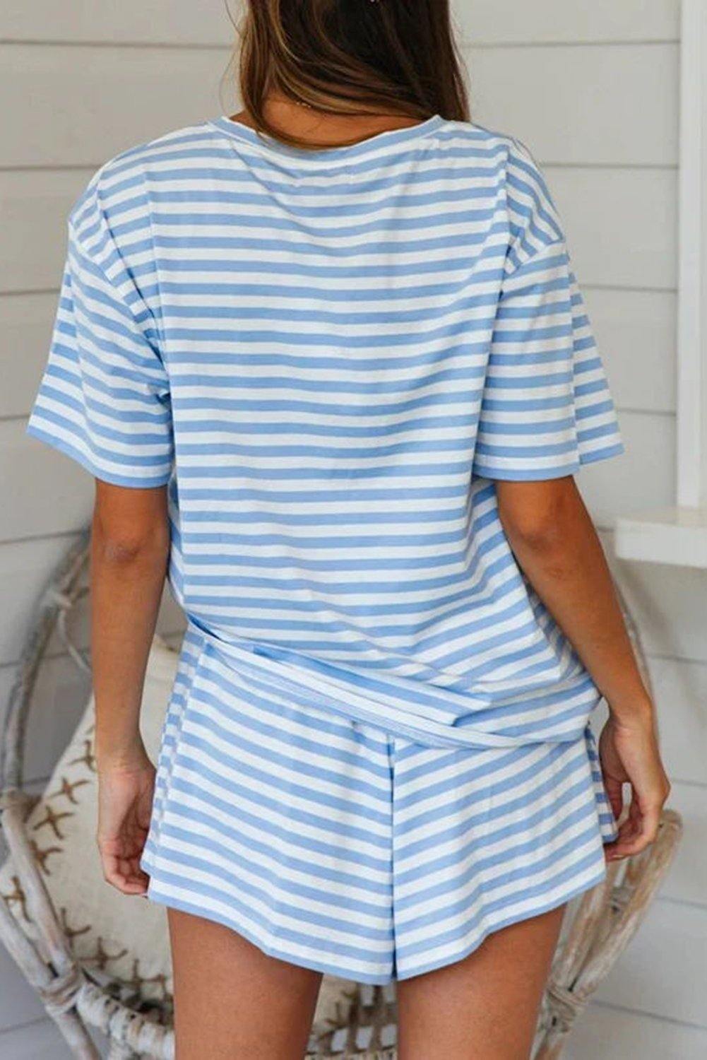 Stripe Print T-shirt and Elastic Waist Shorts Set - L & M Kee, LLC