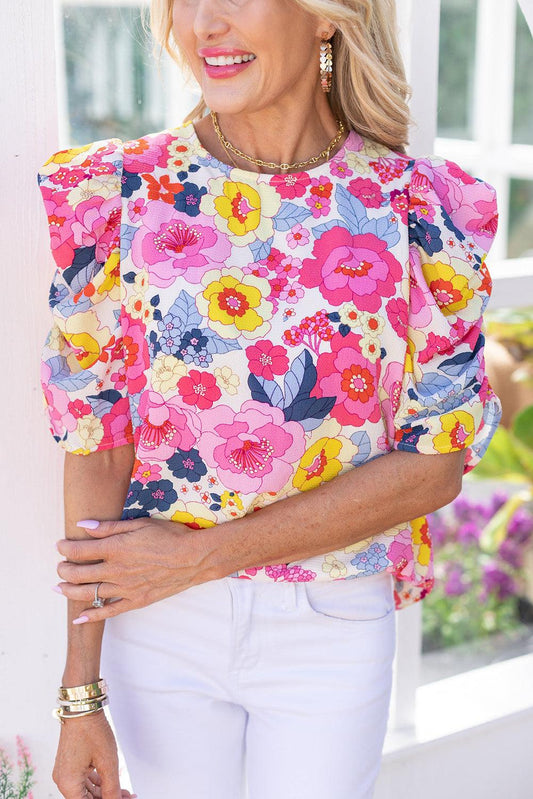 Ruched Puff Sleeve Floral Blouse - L & M Kee, LLC