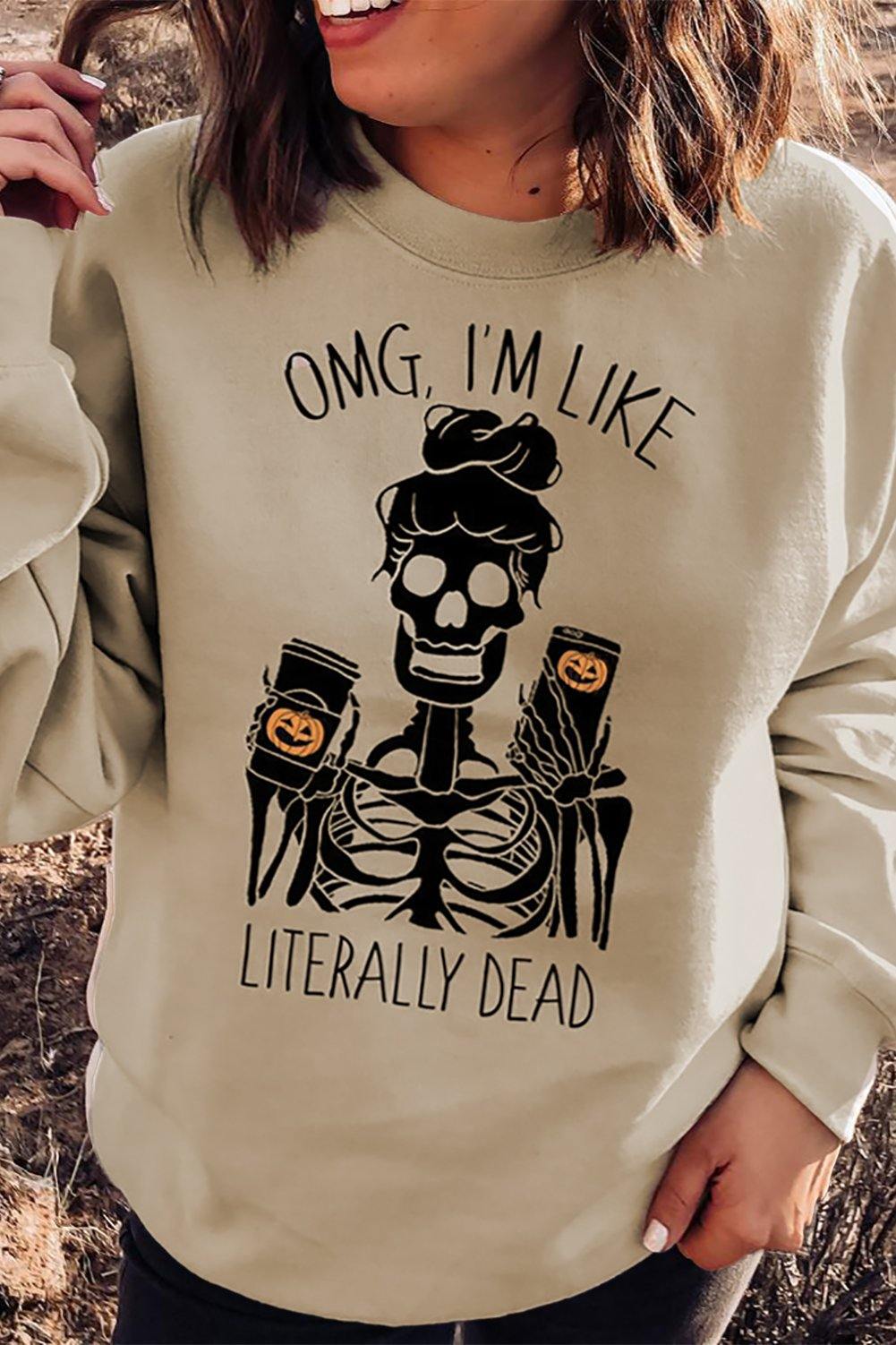 Halloween Skeleton Letter Print Crew Neck Pullover Sweatshirt - L & M Kee, LLC