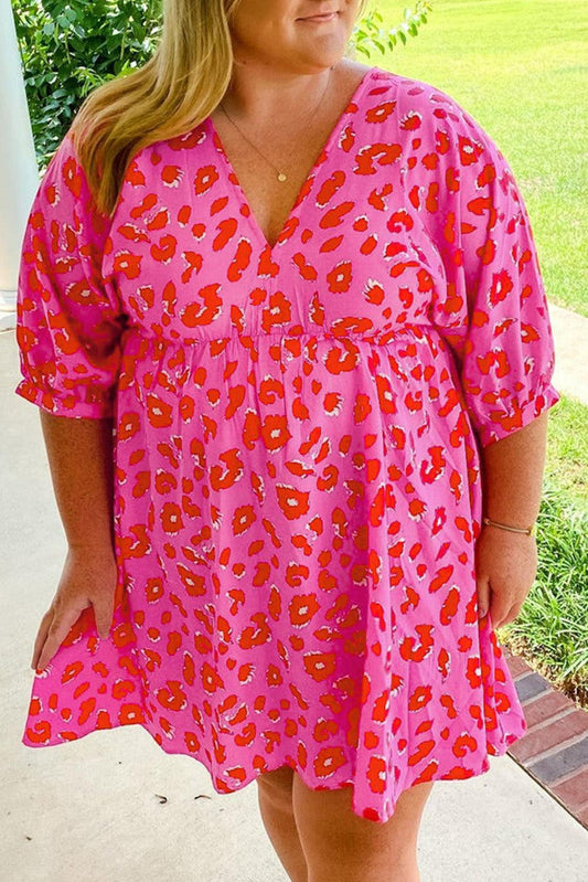 Plus Size 3/4 Sleeves V Neck Leopard Dress - L & M Kee, LLC