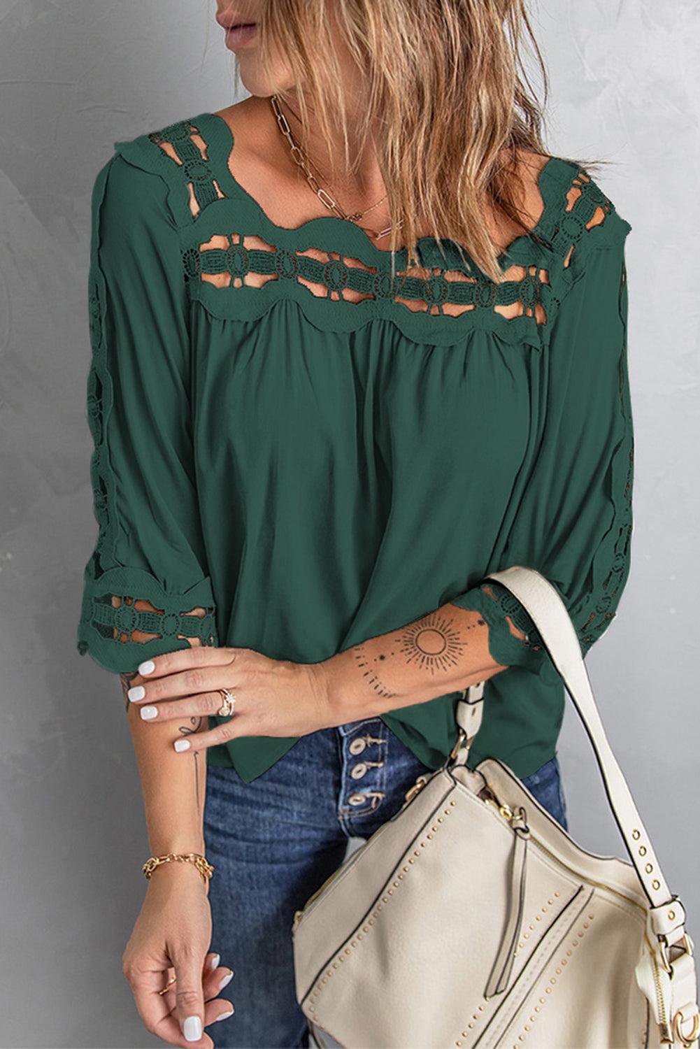 Green Drak Green Crochet Trim Hollow-out Blouse - L & M Kee, LLC