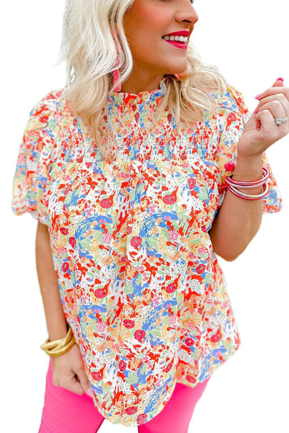 Multicolor Abstract Print Smocked Puff Sleeves Blouse