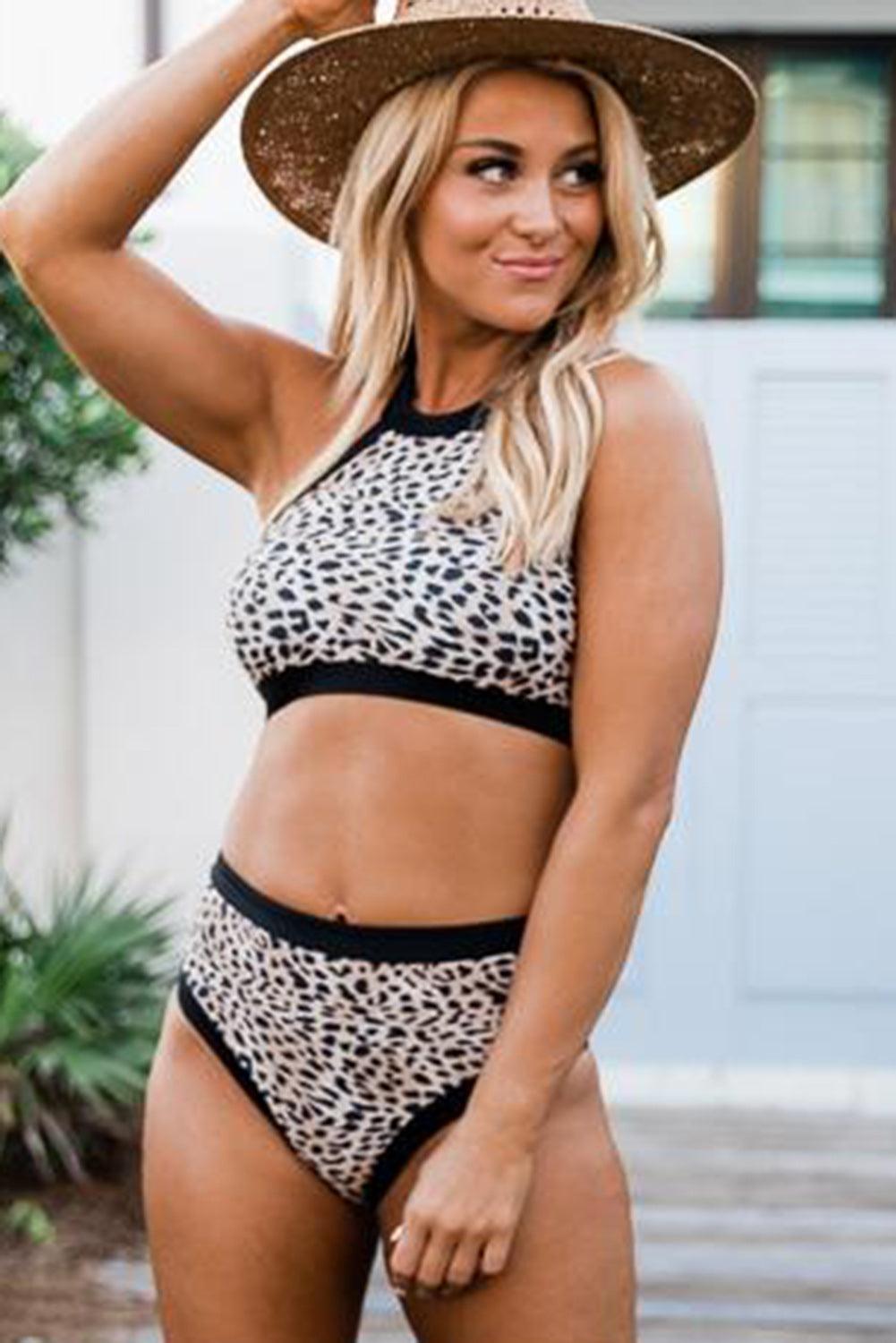 Zebra Print Sleeveless Halter Neck Bikini Swimwear - L & M Kee, LLC