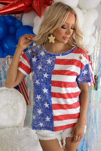 Stripe American Flag Print Distressed Crew Neck T Shirt - L & M Kee, LLC