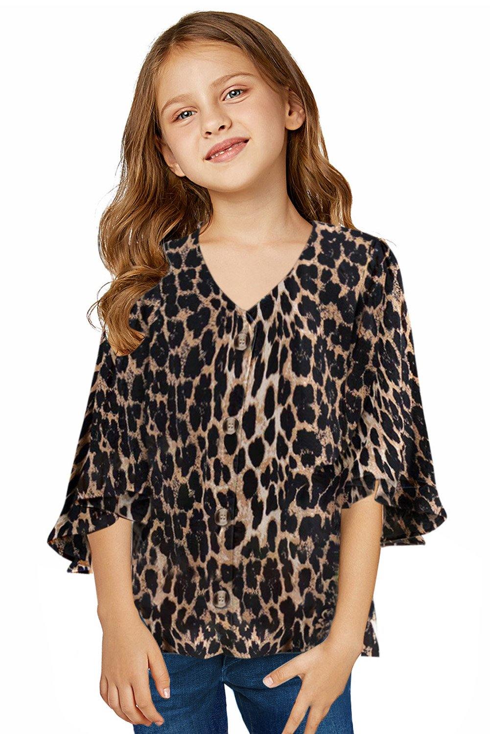 Tropical Leaf V Neck Ruffled Sleeve Buttons Girl's Blouse - L & M Kee, LLC