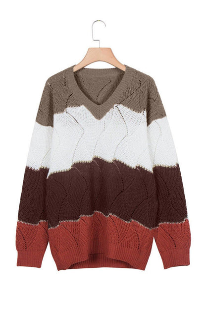 V Neck Colorblock Textured Knit Sweater - L & M Kee, LLC