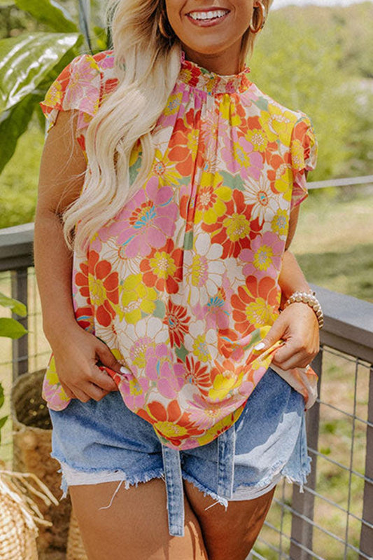 Multicolor Plus Size Mock Neck Ruffle Sleeve Floral Blouse - L & M Kee, LLC