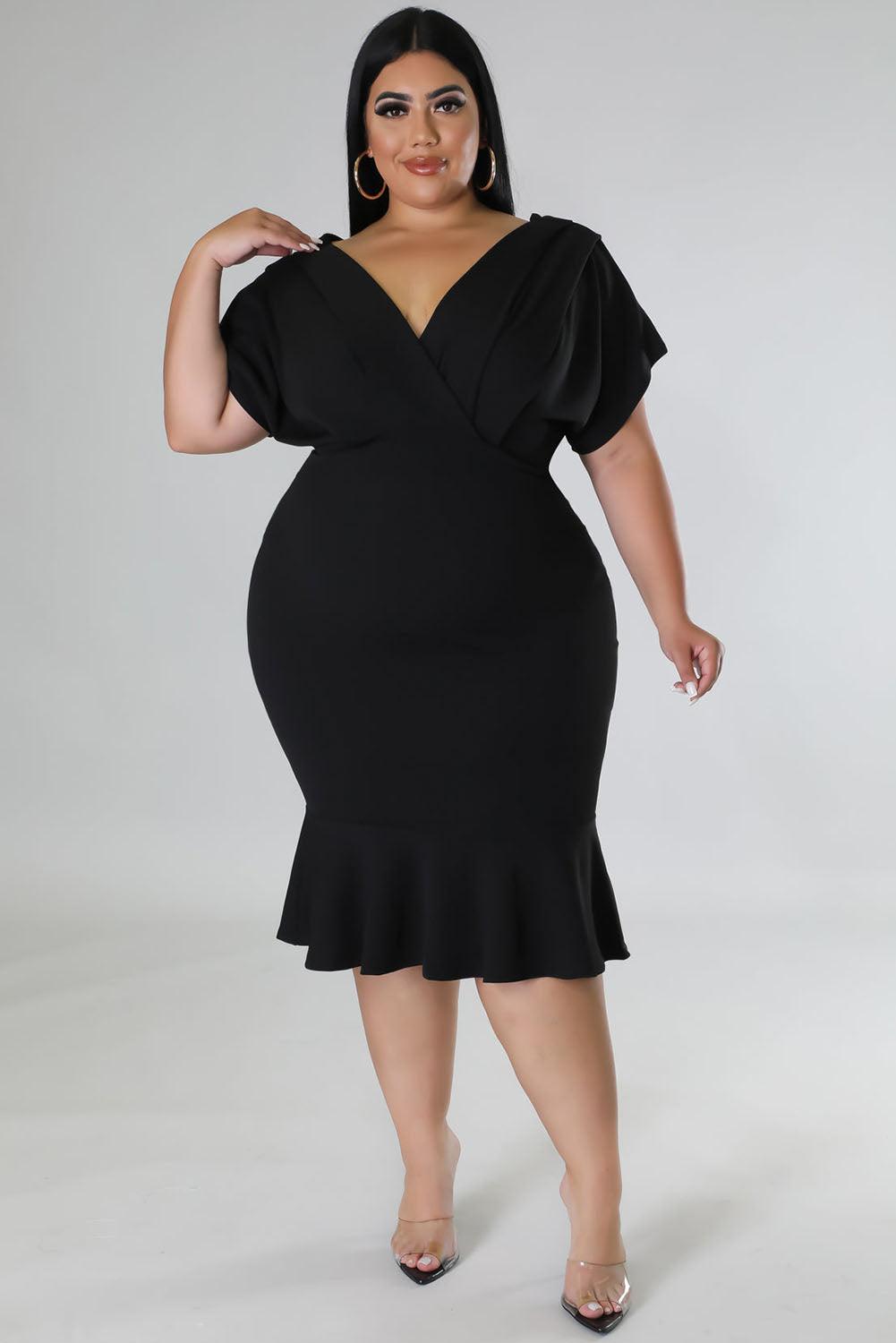 Plus Size Pleated V Neck Ruffle Hem Bodycon Dress - L & M Kee, LLC