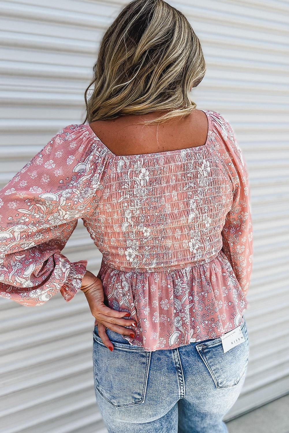 Bohemian Print Puff Sleeve Curvy Peplum Blouse - L & M Kee, LLC