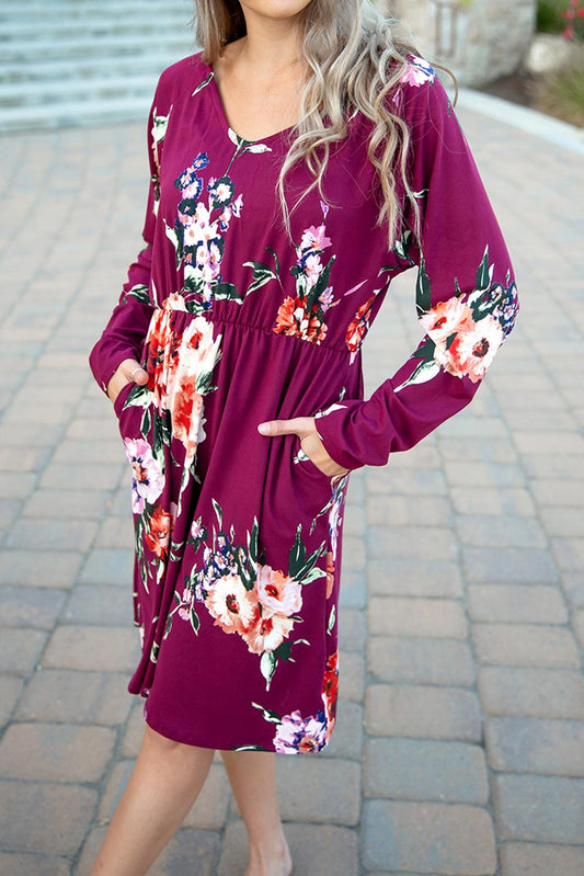 Long Sleeve High Waist Floral Dress - L & M Kee, LLC