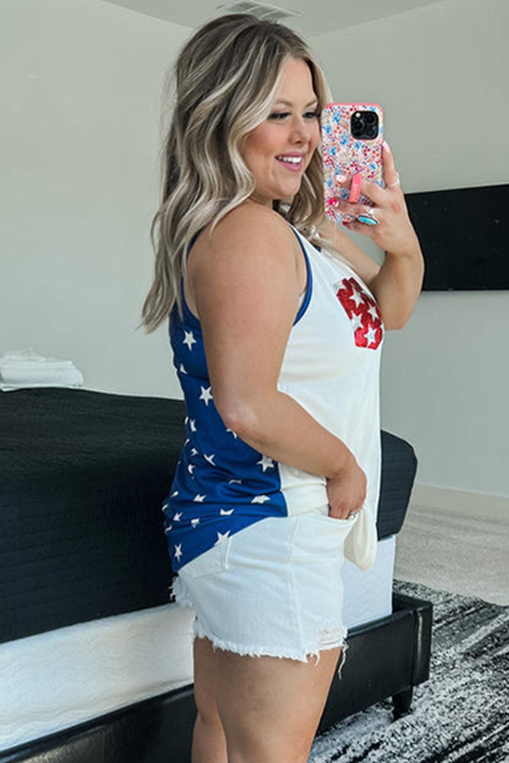 Plus Size Shiny Pocket Flag Star Back Tank Top - L & M Kee, LLC