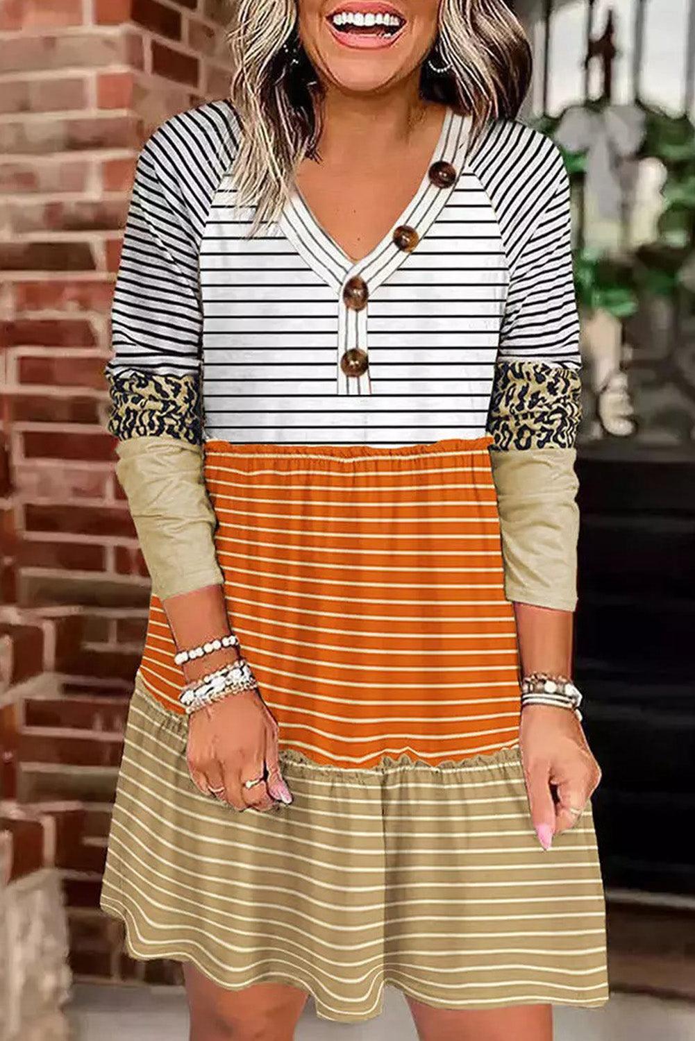 Striped Leopard Color Block Button Ruffled Mini Dress - L & M Kee, LLC