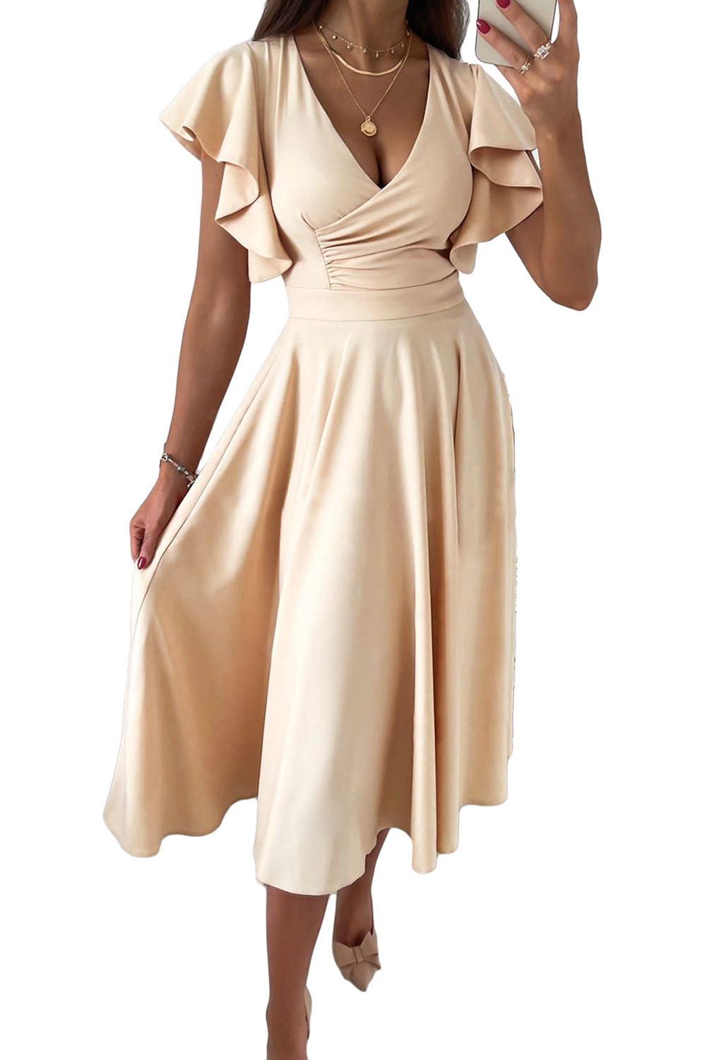 Ruffled Sleeve Wrap V Neck Midi Dress - L & M Kee, LLC
