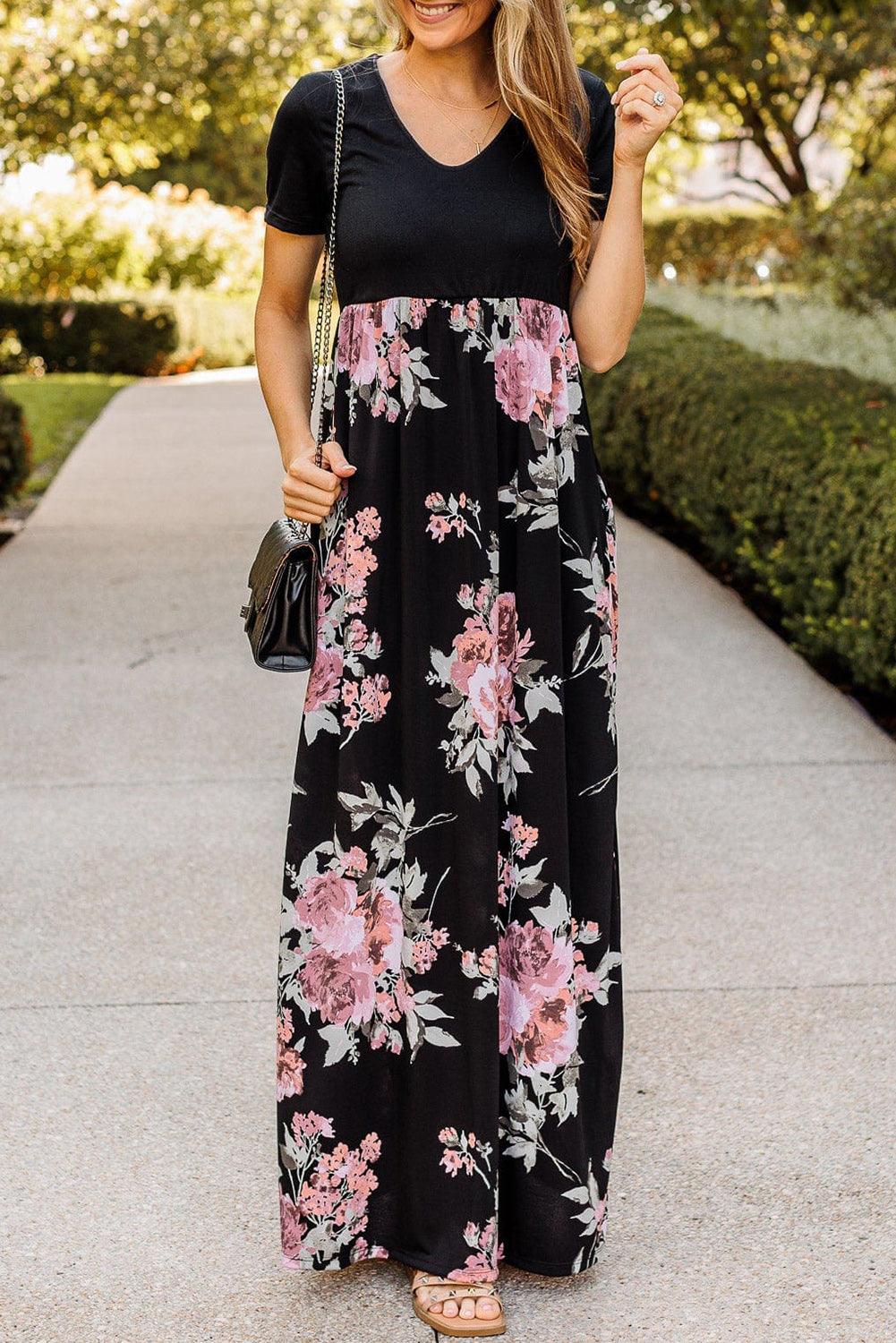 Contrast Floral Empire Waist Maxi Dress - L & M Kee, LLC