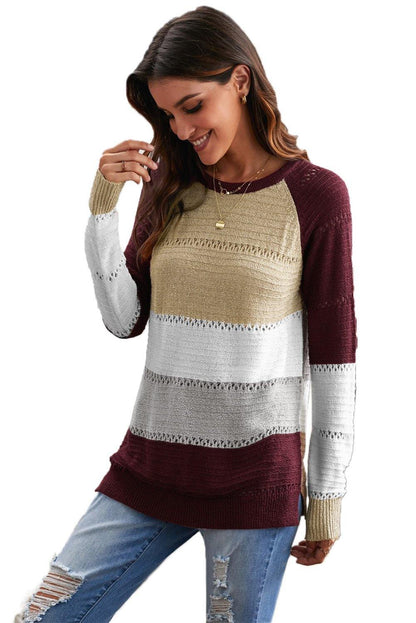 Multi-color Knitted Color Block Long Sleeve Crew Neck Sweater - L & M Kee, LLC