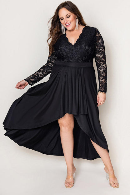 Plus Size High-Low Lace Contrast Evening Dress - L & M Kee, LLC