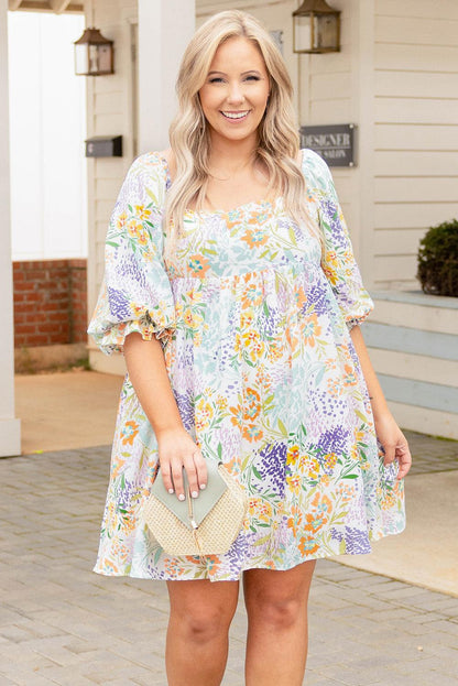 Multicolor Plus Size Floral Print Ruffle Bubble Sleeve Babydoll Dress - L & M Kee, LLC