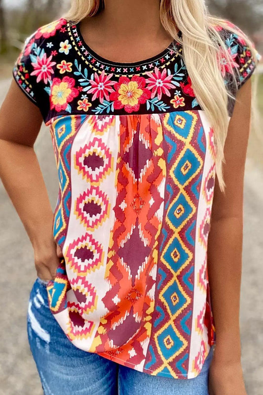 Multicolor Floral Aztec Geometric Cap Sleeve Top - L & M Kee, LLC