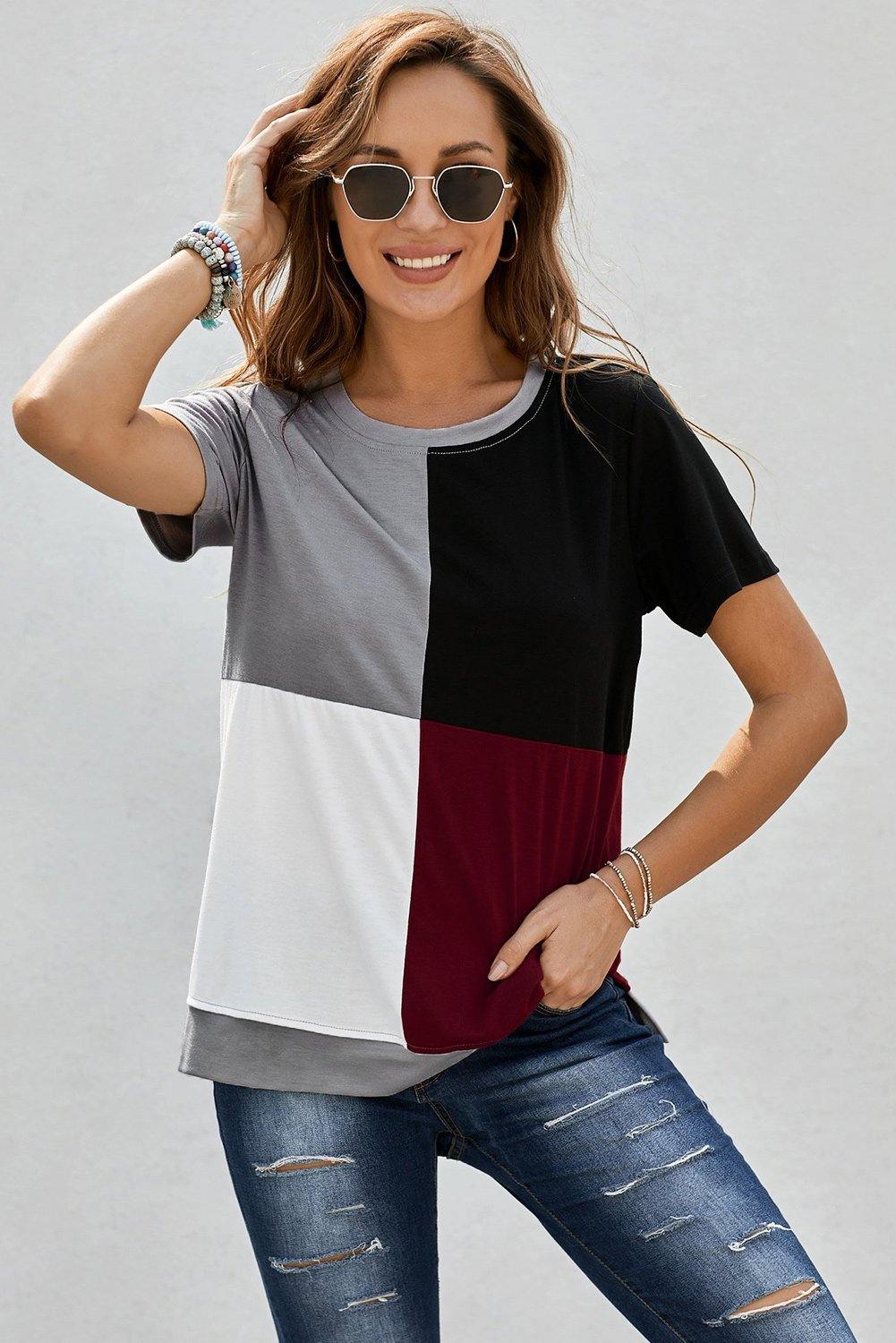 Wine Red Colorblock T-shirt with Slits - L & M Kee, LLC