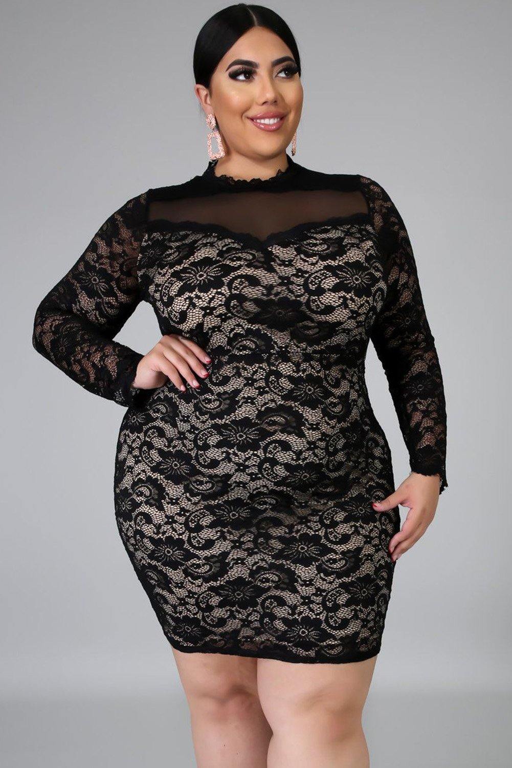 Long Sleeve Lace Mesh Splicing Floral Plus Size Dress - L & M Kee, LLC