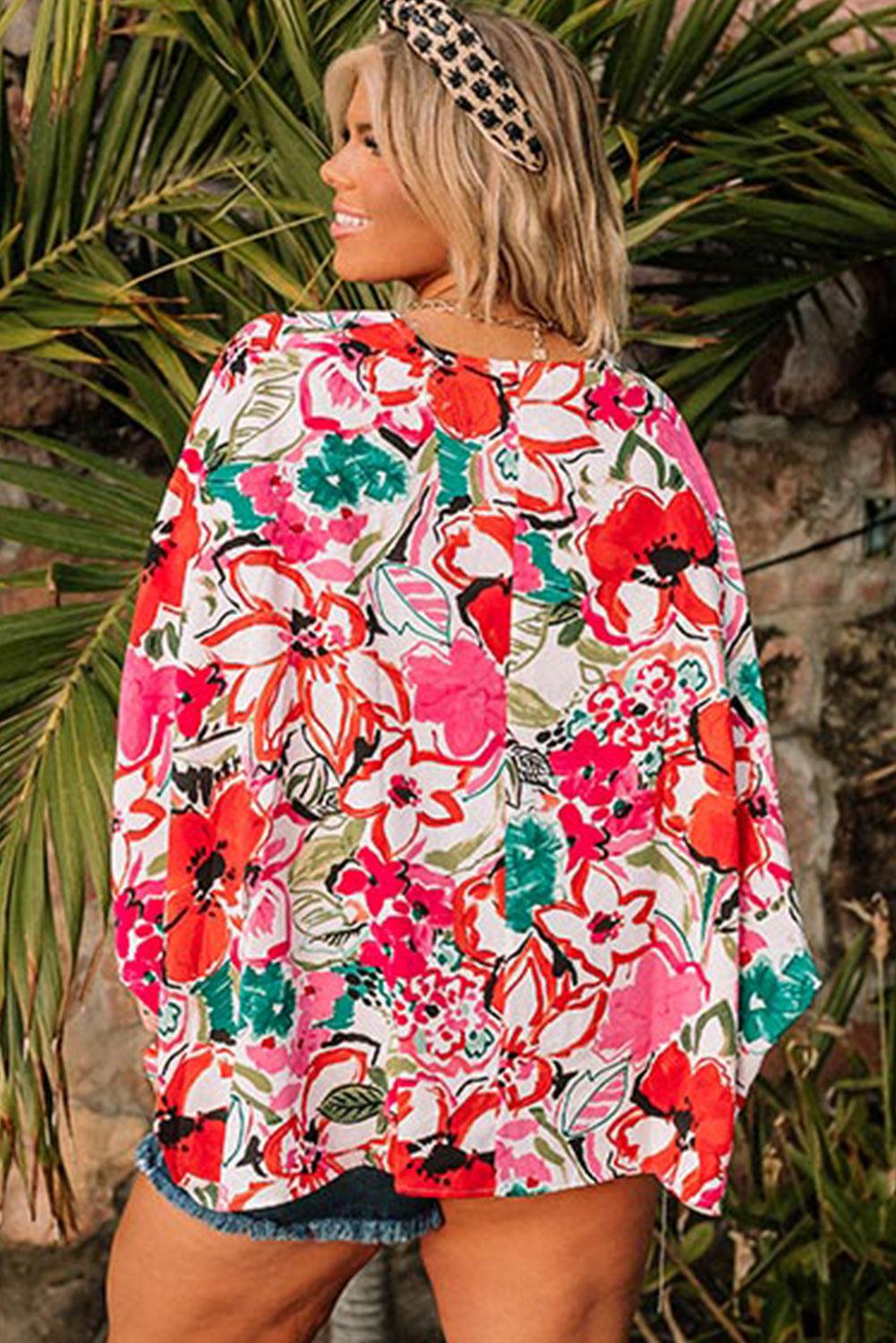 Plus Size Floral Print Kimono Sleeve Shirt - L & M Kee, LLC