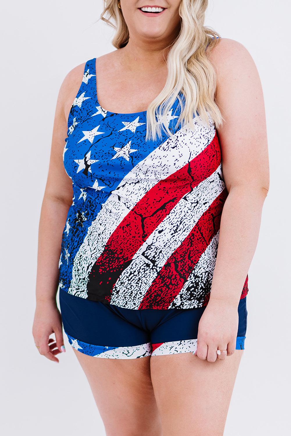 American Flag Print Tankini Plus Size Swimwear - L & M Kee, LLC